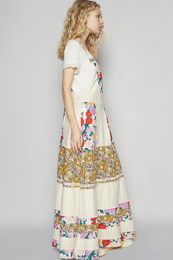 POL Mixed Print Patchwork Overall Dress in Oatmilk