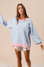 Load image into Gallery viewer, BiBi French Terry Striped Top with Uneven Hemline in Lt Blue/Blush
