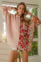 BiBi OVERSIZED Knit and Floral Print Button Down Top in Blush/Rose