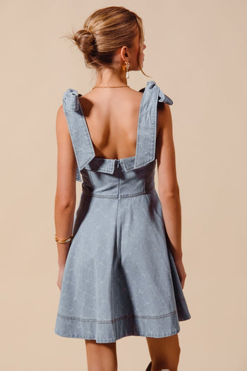 So Me A-Line Fit and Flare Mini Dress with Diamond and Bow Stitching in Light Denim S at June Adel