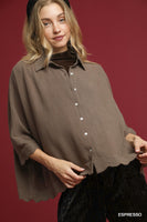 Umgee Linen Scallop Hem Button-Down Blouse in Espresso