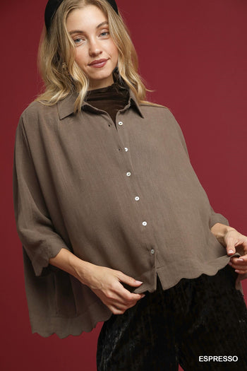 Umgee Linen Scallop Hem Button-Down Blouse in Espresso