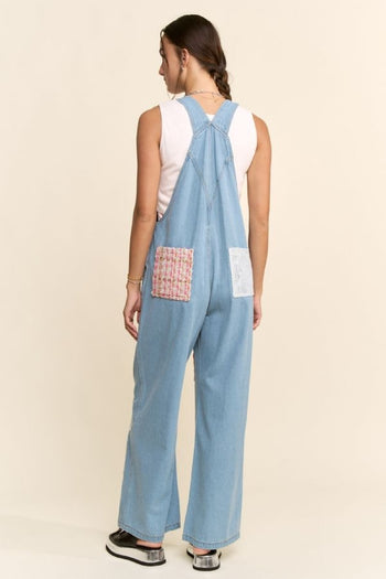 Davi & Dani Lace and Tweed Patchwork Denim Overalls in Light Denim