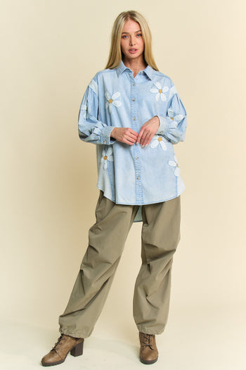 Davi & Dani Chambray and Waffle Knit Top with Daisy Patches in Light Denim