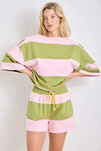 BaeVely OVERSIZED Bold Block Contrasting Striped Knit Top in Pink/Green