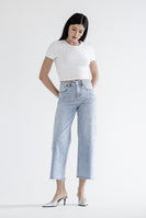 Mica Denim High Rise Pearl and Rhinestone Embellished CROPPED Wide Leg Jeans in Grizzlies Blue