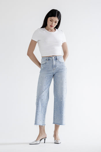 Mica Denim High Rise Pearl and Rhinestone Embellished CROPPED Wide Leg Jeans in Grizzlies Blue