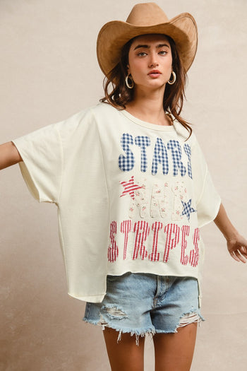 BiBi Oversized French Terry Top with Stars and Stripes Patchwork in Cream