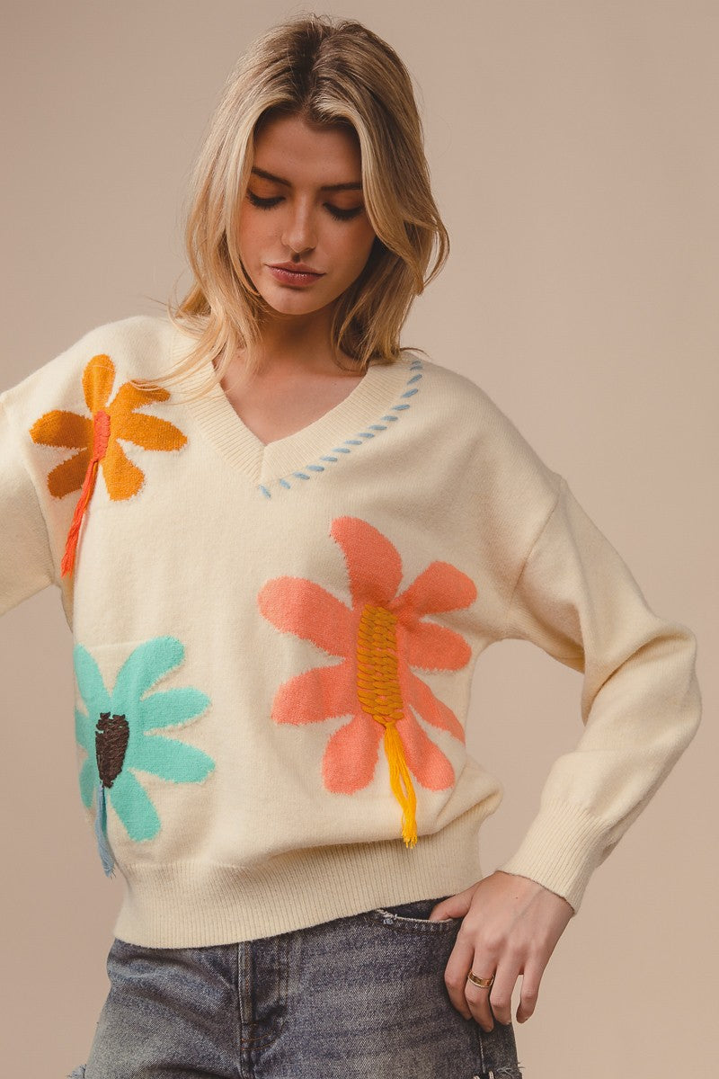 BIBIY. BY. FLOWER SWEATSHIRT【新品未使用】 BiBi Flower Pattern Sweater with Stitched and Fringe Details in
