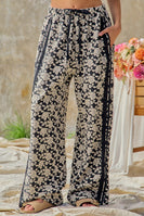 BiBi Floral Jacquard Side Lace Trim Elastic Pants in Black/Light Grey