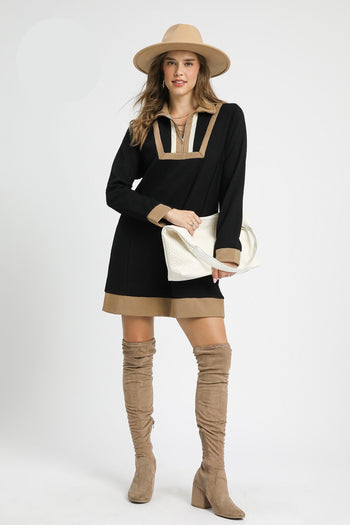 Umgee Waffle Knit Tunic Mini Dress in Black