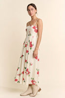 Davi & Dani Flower Print French Terry Midi Dress in Cream