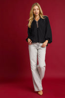 Umgee Solid Color Leopard Trim Top in Black