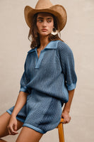 BiBi Two Toned Textured Ribbed Sweater Top and Shorts Set in Denim/Navy