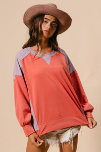 BiBi Color Block French Terry Top in Dark Coral/Lavender