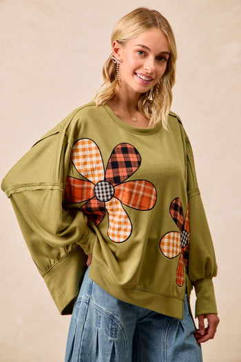 BiBi OVERSIZED Mixed Plaid Flower Patched French Terry Top in Olive