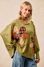 Load image into Gallery viewer, BiBi OVERSIZED Mixed Plaid Flower Patched French Terry Top in Olive
