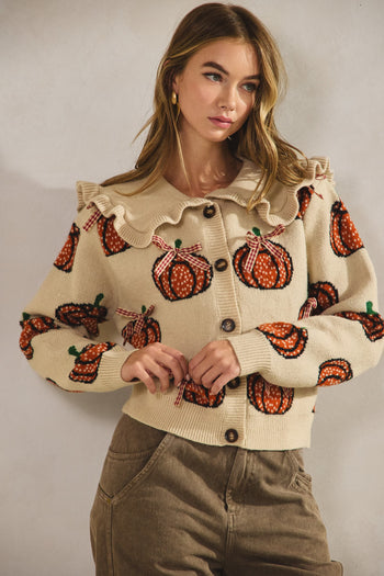 LovLov Sailor Collar Pumpkin with Ribbon Cardigan in Oatmeal