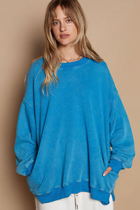 POL Vintage Washed Terry Knit top in Pacific Blue