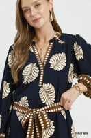 Umgee Mix Leaf Print Belted Midi Dress in Navy Mix