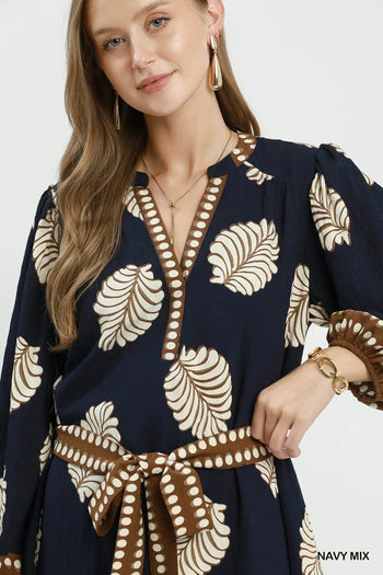Umgee Mix Leaf Print Belted Midi Dress in Navy Mix