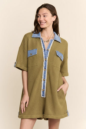 J.nna Retro-Remix Waffle Romper in Ash Olive