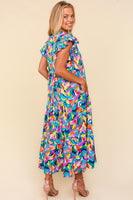 Haptics Abstract Print Tiered Maxi Dress in Royal/Green/Yellow