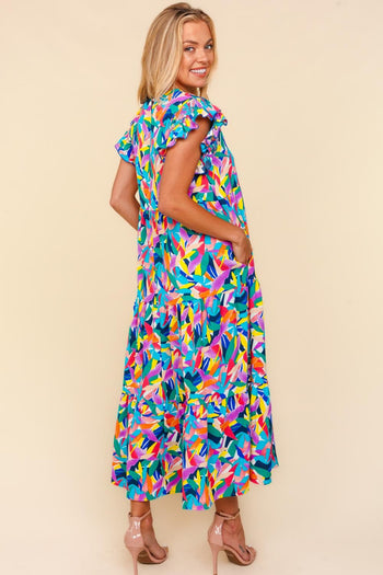 Haptics Abstract Print Tiered Maxi Dress in Royal/Green/Yellow