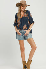 Load image into Gallery viewer, Umgee Floral Embroidered V-Neck Relaxed Top in Denim
