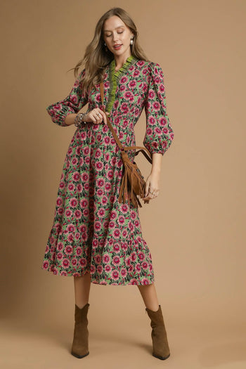 Umgee Vibrant Floral Print Maxi Dress in Sage Mix