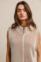 BiBi Two Toned Stripe Knit Sweater Zip up Vest in Ivory/Latte
