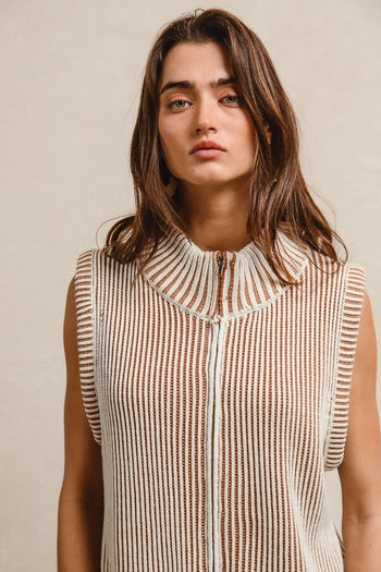 BiBi Two Toned Stripe Knit Sweater Zip up Vest in Ivory/Latte