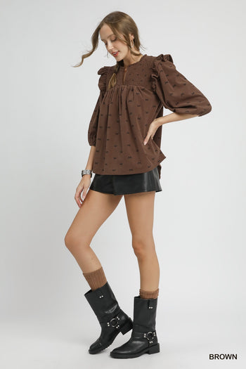 Umgee Corduroy Top with Mini Bow Print in Brown