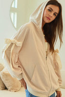 LovLov Belle Tie Zip Up Hoodie With Pockets in Oatmeal