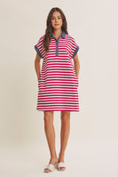 In February Yacht Club Relaxed Fit Casual Stripe Polo Mini Dress in Burgundy/Cream