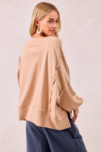 BiBi OVERSIZED French Terry Top with Floral "LOVE" Letter Patches in Oatmeal/Denim