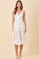 Main Strip 3D Floral Textured Fabric Midi Dress in White