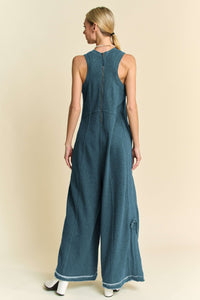 Davi & Dani French Terry and Contrasting Ribbed Knit Jumpsuit in Teal