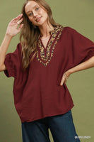 Umgee Leopard Trim Dolman Sleeve Blouse in Burgundy