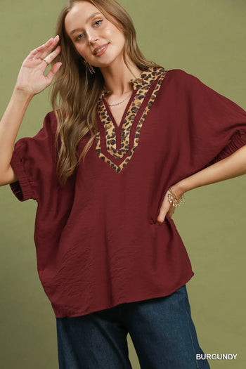 Umgee Leopard Trim Dolman Sleeve Blouse in Burgundy
