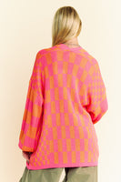 Davi & Dani Two Toned Mixed Checkered Print Open Front Cardigan in Pink Orange