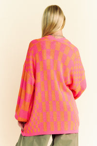 Davi & Dani Two Toned Mixed Checkered Print Open Front Cardigan in Pink Orange