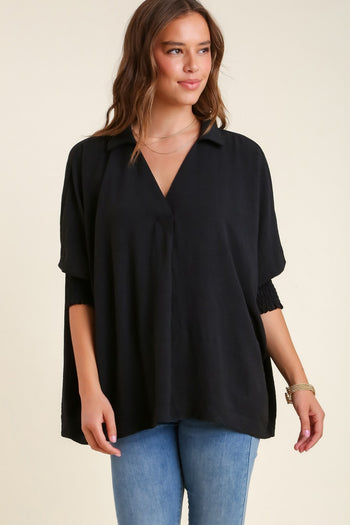Umgee Textured Boxy Cut Collared Blouse in Black