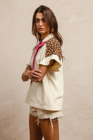 BiBi Soft Knit Collared Top with Contrasting Color and Leopard Print in Ivory