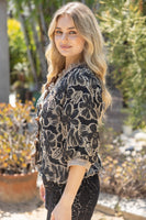 VOY Contrast Ruffled V-neck Floral Textured Top in Tan