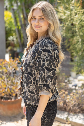 VOY Contrast Ruffled V-neck Floral Textured Top in Tan