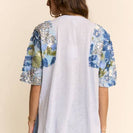 Davi & Dani Knit Top with Sequin Floral Sleeves in Light Blue