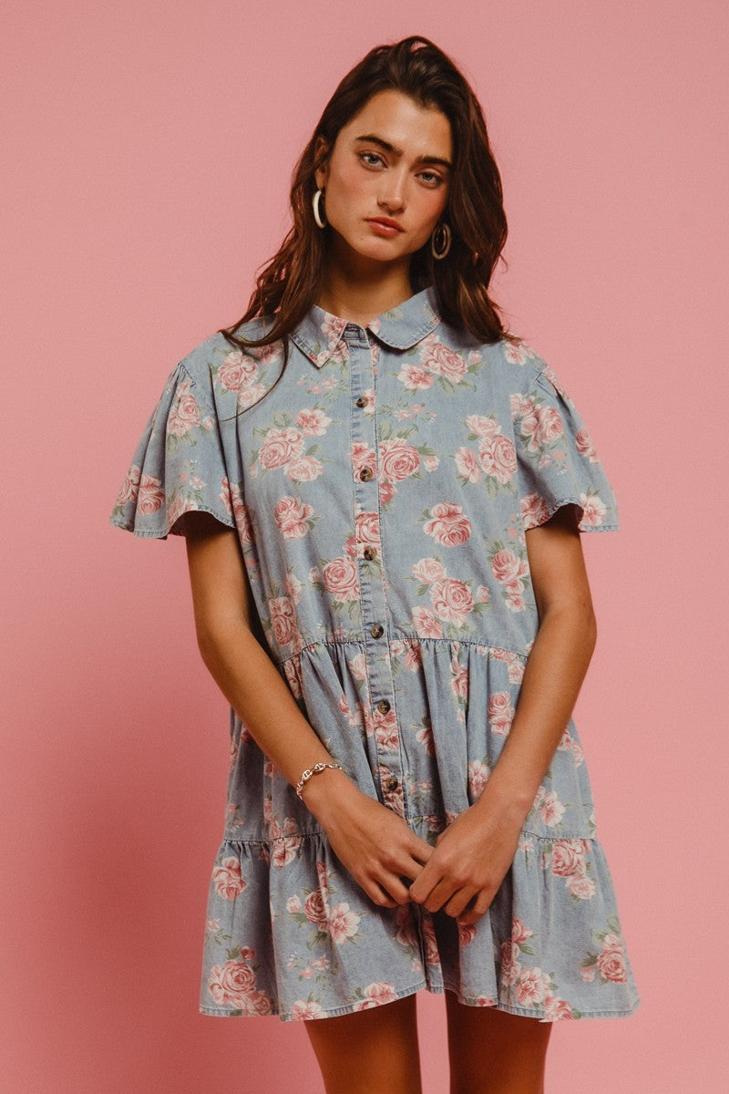 BiBi Washed Denim Floral Print Dress in Light Denim