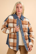 Very J Textured Denim and Contrasting Plaid Shacket in Mocha Mix