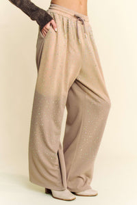 Davi & Dani Stone Embellished Wide Leg Pants in Sand